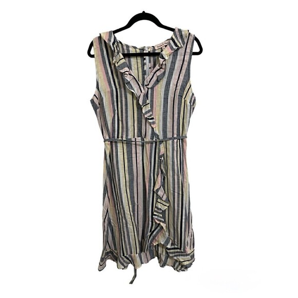 Harlow & Rose Dress Size Large Womens Cotton Linen Blend Sleeveless Striped Belt - Picture 1 of 5